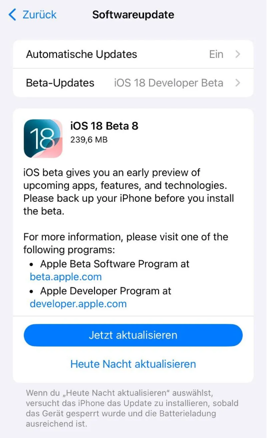 横林镇苹果手机维修分享苹果 iOS / iPadOS 18 开发者预览版 Beta 8 发布 